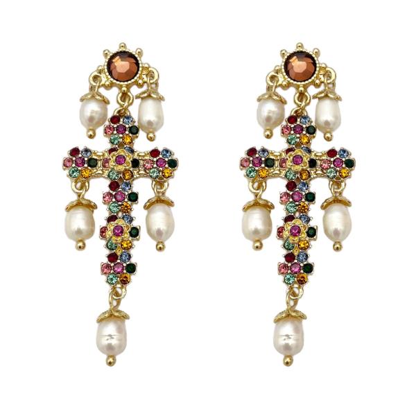 RHINESTONE PEARL CROSS CROP EARRING