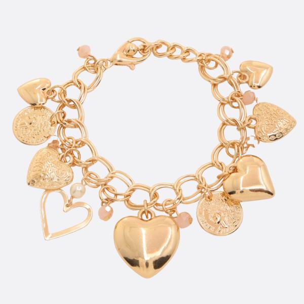 PUFFY HEART CHARM COIN OVAL LINK METAL BRACELET