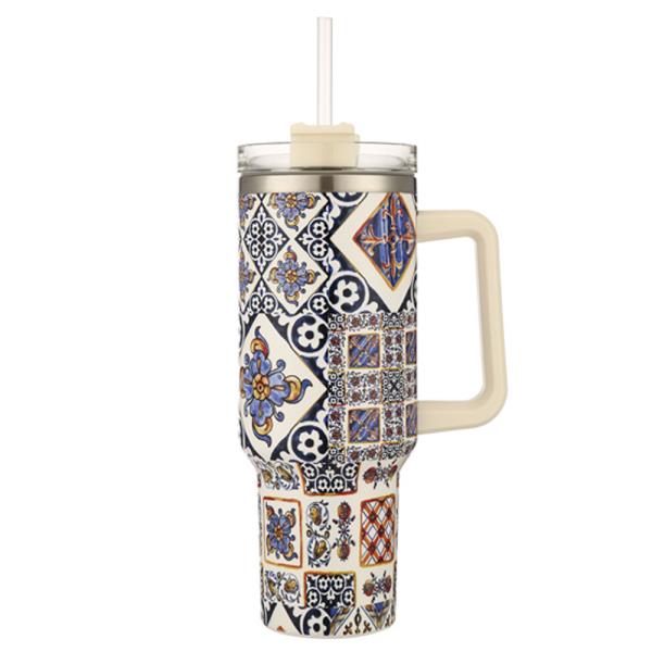 CERAMIC TILE MIX PATTERN 40 OZ TUMBLER WITH HANDLE STRAW