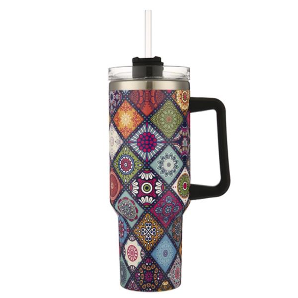 MANDALA PATTERN 40 OZ TUMBLER WITH HANDLE STRAW