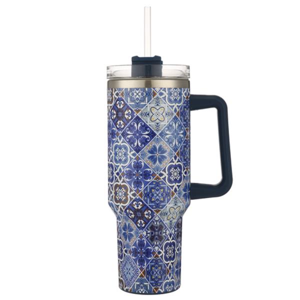 BLUE FLORAL MIX PATTERN 40 OZ TUMBLER WITH HANDLE STRAW