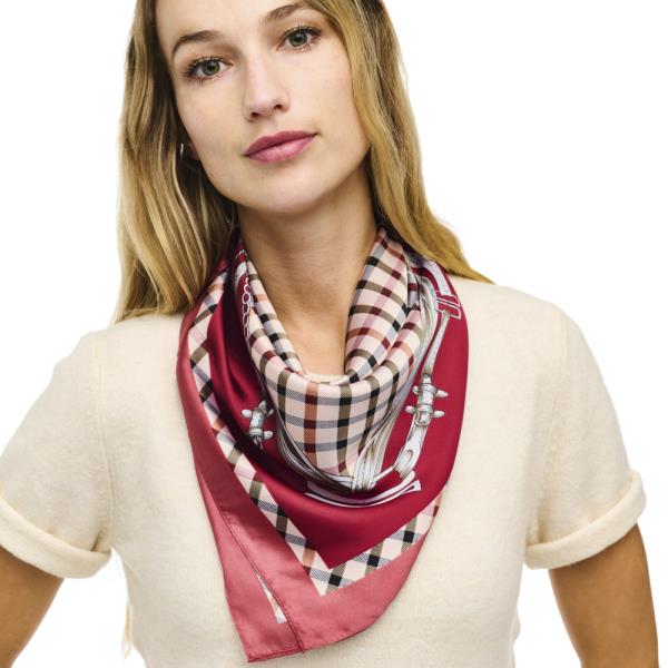 BELT PLAID PATTERN SILKY SQUARE NECK SCARF