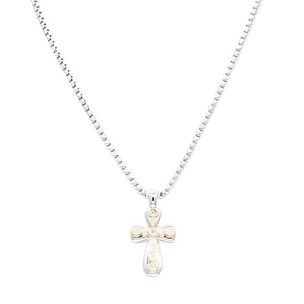 2 TONE PLATED CUBIC ZIRCONIA CROSS PENDANT NECKLACE