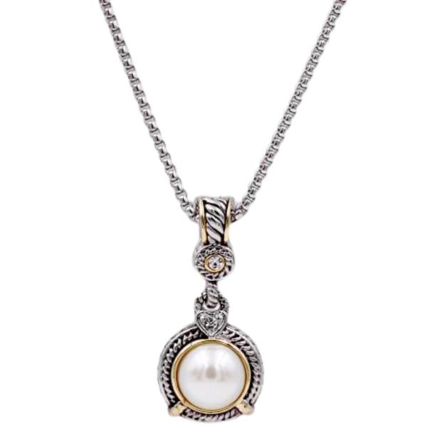 2 TONE METAL CUBIC ZIRCONIA PEARL PENDANT NECKLACE