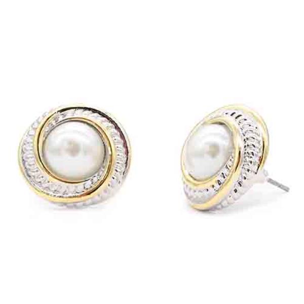 2 TONE METAL PEARL STUD EARRINGS