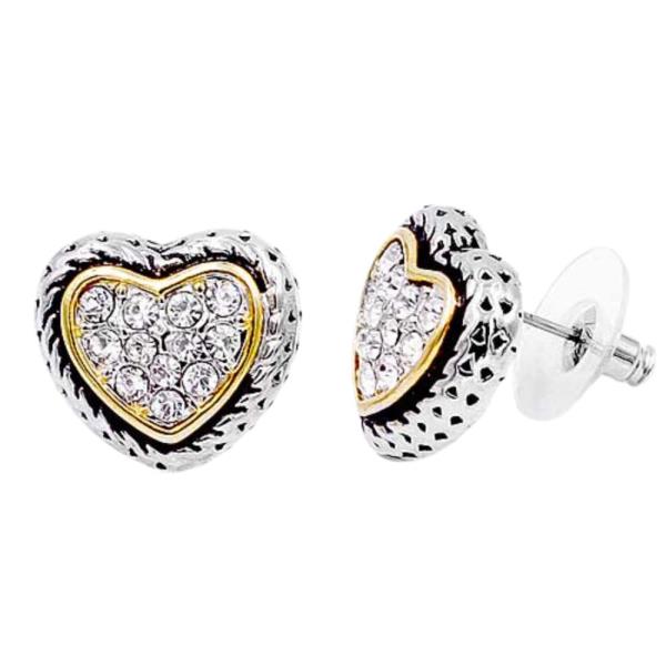 2 TONE CUBIC ZIRCONIA HEART STUD EARRINGS