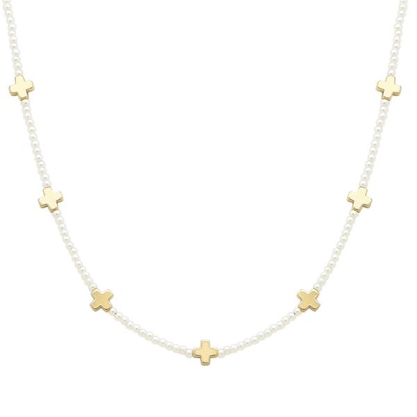 CROSS CHARM PEARL BEAD NECKLACE