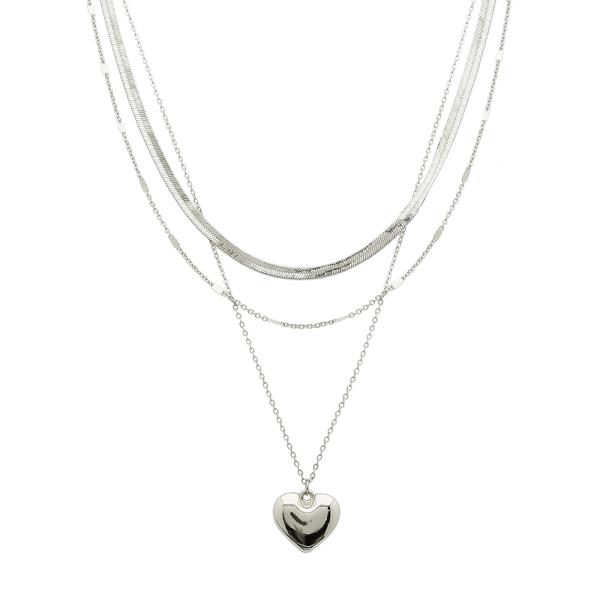 HEART PENDANT FLAT SNAKE LINK LAYERED METAL NECKLACE