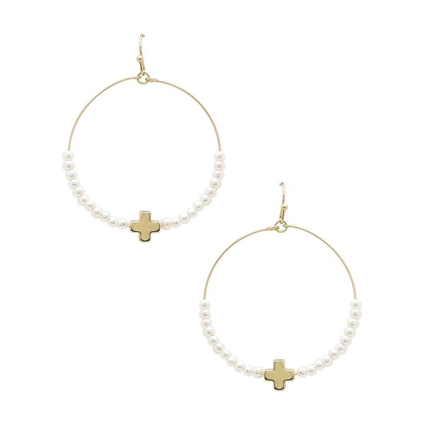 CROSS CHARM PEARL BEAD HOOP DANGLE EARRING