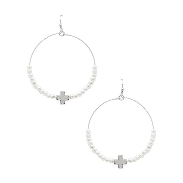 CROSS CHARM PEARL BEAD HOOP DANGLE EARRING