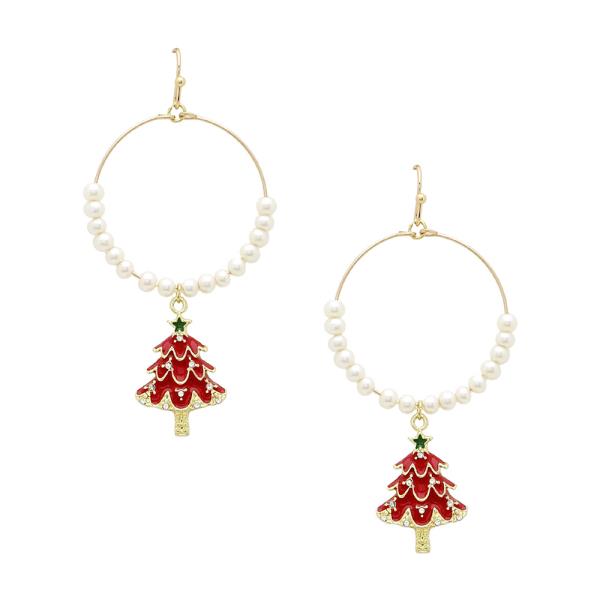 CHRISTMAS TREE CHARM PEARL BEAD HOOP DANGLE EARRING