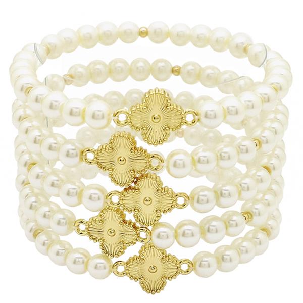 CLOVER CHARM PEARL BEAD STRETCH BRACELET SET