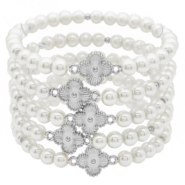 CLOVER CHARM PEARL BEAD STRETCH BRACELET SET