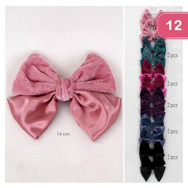 WINTER TONE VELVET SATIN HAIR BOW PIN (12 UNITS)