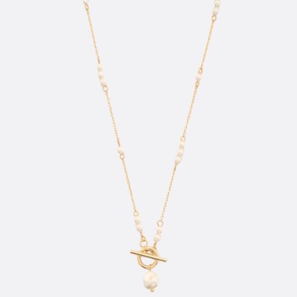 SODAJO PEARL BEAD STATION TOGGLE CLASP GOLD DIPPED NECKLACE