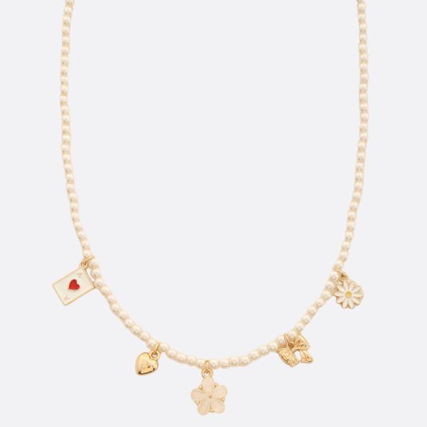 FLOWER BOW CHARM PEARL BEAD GOLD DIPPED NECKLACE