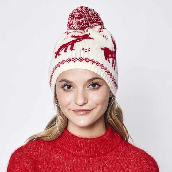 REINDEER NORDIC BEANIE W/POM