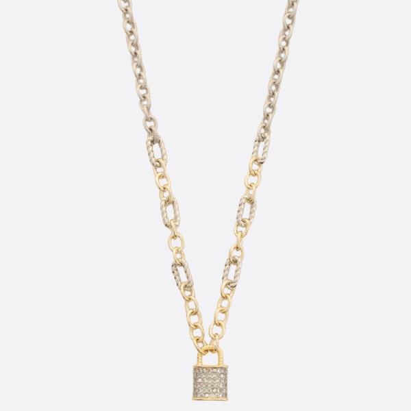 TWO TONE LOCK PENDANT 14K GOLD PLATED NECKLACE