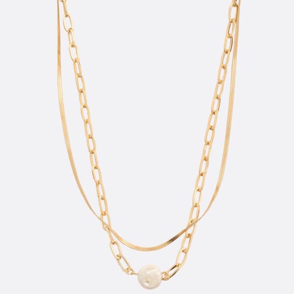 SODAJO ROUND PEARL OVAL LINK LAYERED GOLD DIPPED NECKLACE