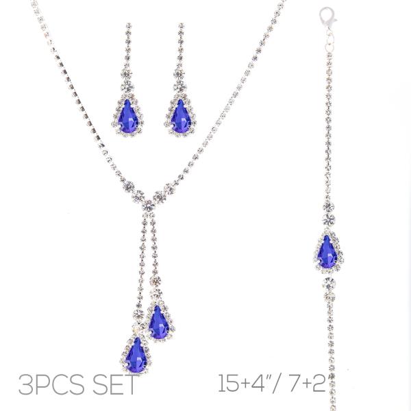 RHINESTONE TEARDROP LARIAT NECKLACE EARRING BRACELET 3PC SET