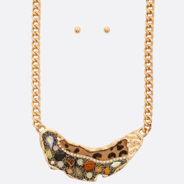 ANIMAL PRINT FAUX FUR RHINESTONE METAL NECKLACE