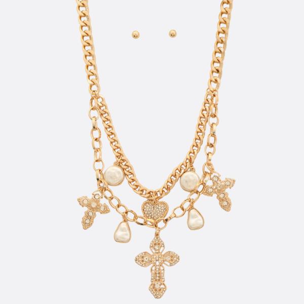 CROSS HEART CHARM RHINESTONE PEARL BEAD LAYERED NECKLACE