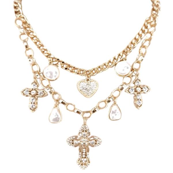 CROSS HEART CHARM RHINESTONE PEARL BEAD LAYERED NECKLACE