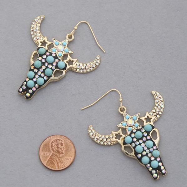 WESTERN STYLE CATTLE HEAD TURQUOISE BEAD RHINESTONE METAL EARRING