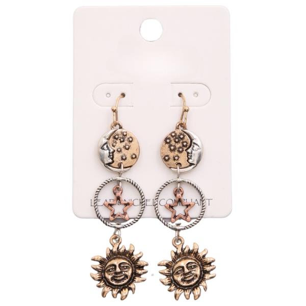WESTERN STYLE SUN AND MOON AND STAR METAL DANGLE EARRING
