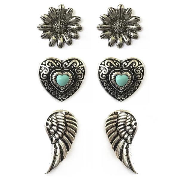 WESTERN STYLE STUD EARRING 3 PAIR SET