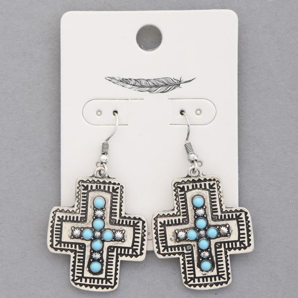 WESTERN STYLE WIDE CROSS TURQUOISE BEAD EARRING