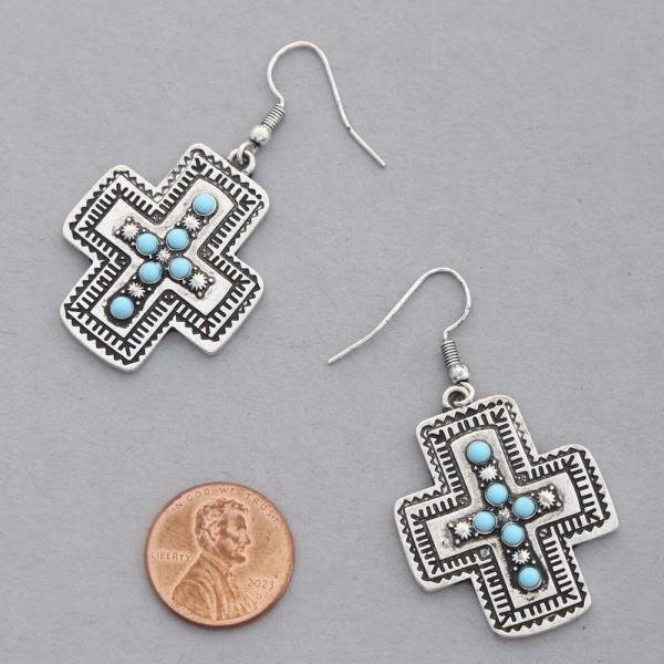 WESTERN STYLE WIDE CROSS TURQUOISE BEAD EARRING