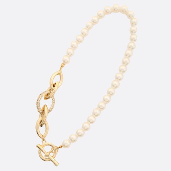 PEARL BEAD RHIESTONE OVAL LINK TOGGLE CLASP NECKLACE