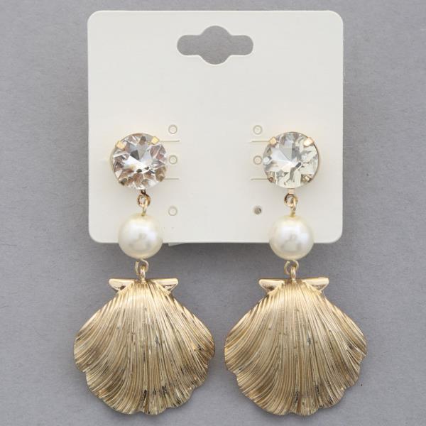 RHINESTONE PEARL SEASHELL DANGLE EARRING