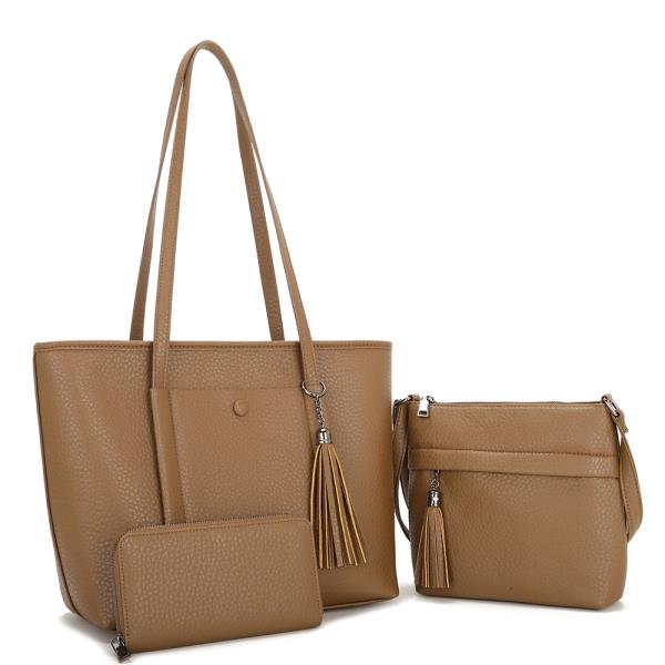 3IN1 SMOOTH TASSEL TOTE W CROSSBODY AND WALLET SET