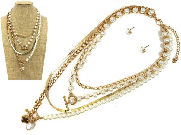 LAYERED METAL PEARL NECKLACE EARRING SET