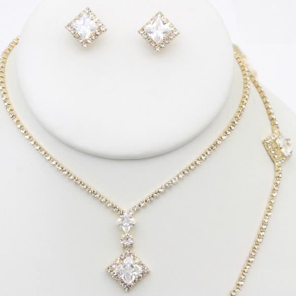 RHINESTONE SQUARE SHAPE NECKLACE BRACELET EARRING SET