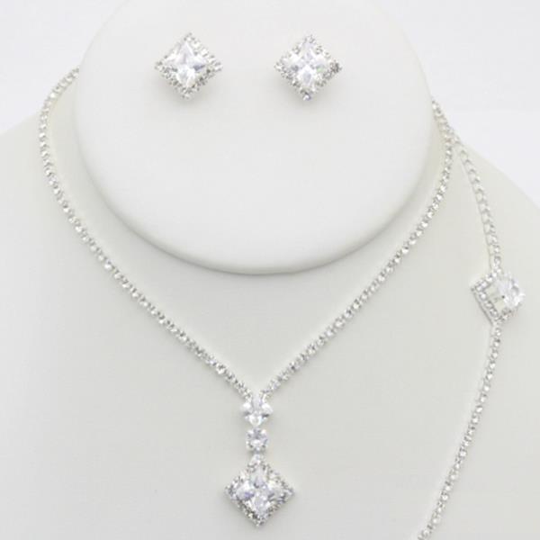 RHINESTONE SQUARE SHAPE NECKLACE BRACELET EARRING SET