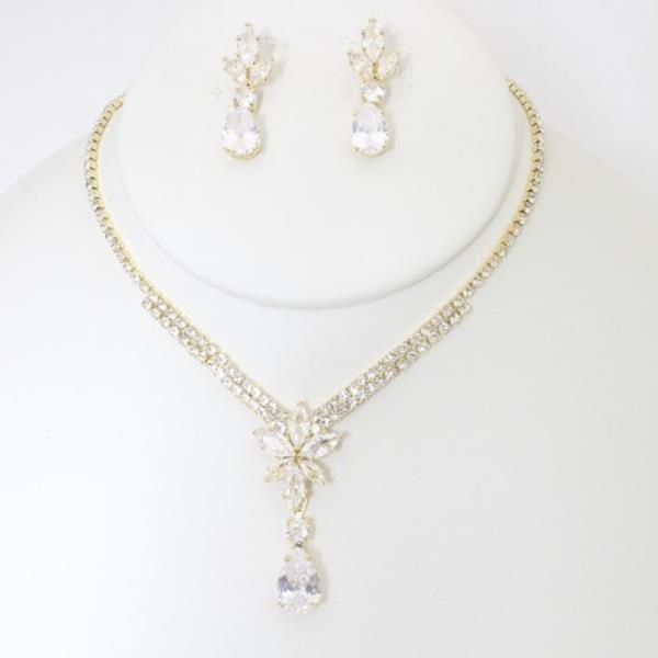 RHINESTONE FLOWER & TEAR DROP NECKLACE EARRING SET