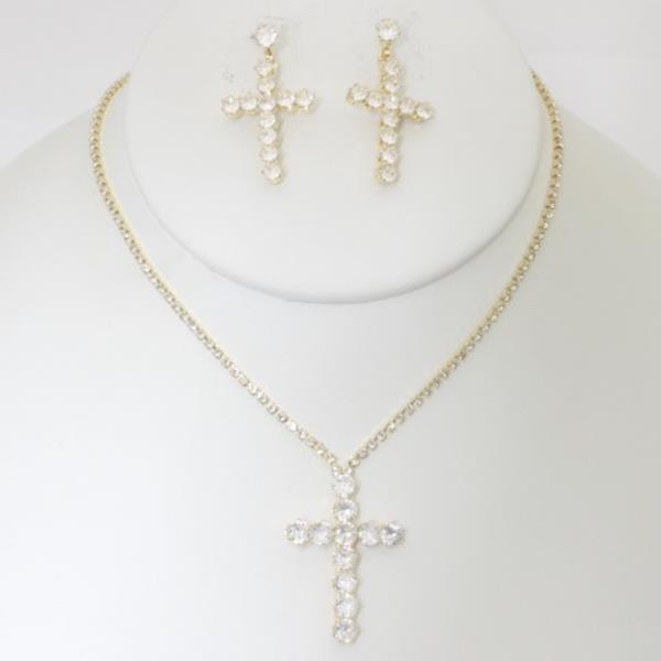 RHINESTONE CROSS NECKLACE EARRING SET