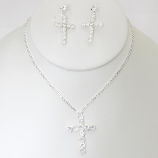 RHINESTONE CROSS NECKLACE EARRING SET