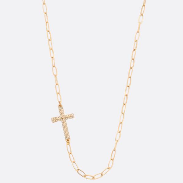 RHINESTONE CROSS OVAL LINK NECKLACE