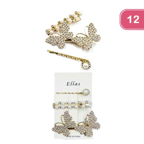 RHINESTONE BUTTERFLY PEARL HAIR PINS SET (12 UNITS)