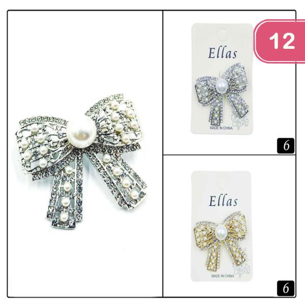 PEARL RHINESTONE BOW BROOCH (12 UNITS)