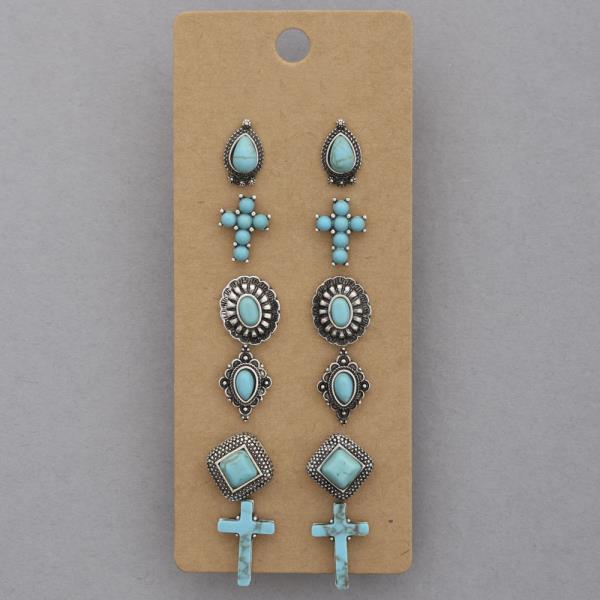 WESTERN STYLE CROSS TURQUOISE BEAD ASSORTED EARRING SET