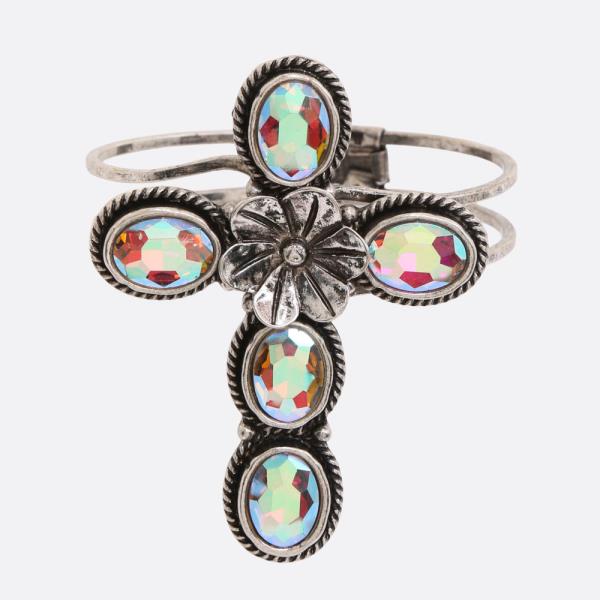 WESTERN STYLE CROSS RHINESTONE CUFF METAL BRACELET