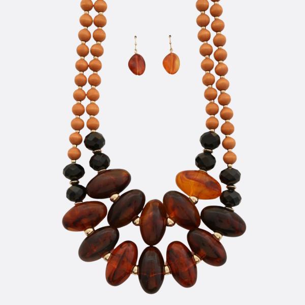 AMBER WOOD CHUNKY NECKLACE EARRING SET