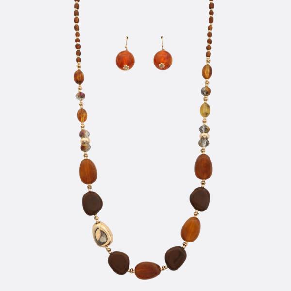 BROWN AMBER BEAD LONG NECKLACE EARRING SET