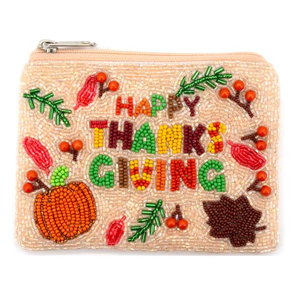 HAPPY THANKSGIVING SEED BEAD COIN BAG