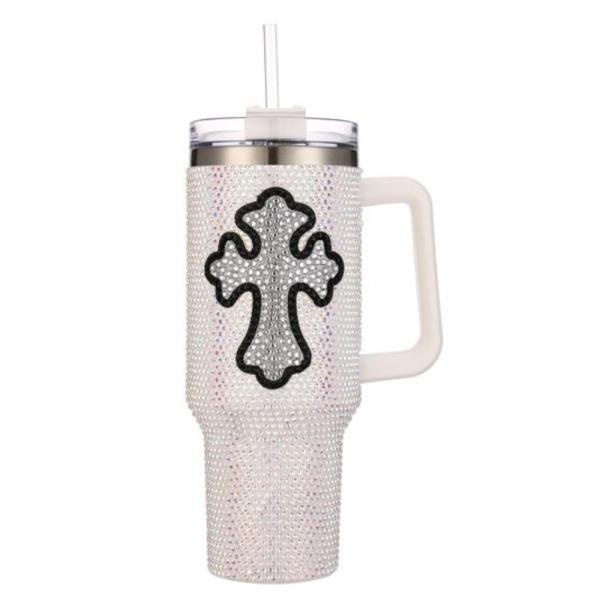 ORNATE CROSS RHINESTONE BLING 40 OZ TUMBLER WITH HANDLE